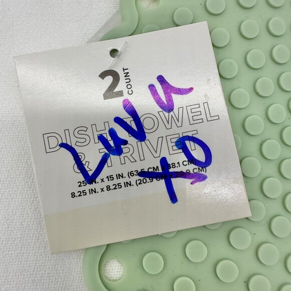 Kitchen Dish Towel and Silicone Trivet Set 2-Piece Green White Cotton Silicone - Picture 4 of 7